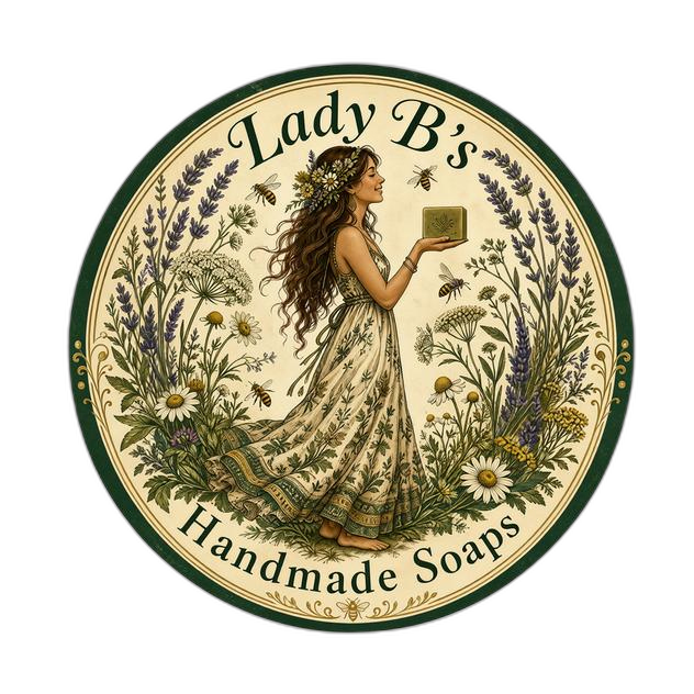 Lady B's Handmade Soaps logo — a bohemian woman holding a bar of soap surrounded by wildflowers and bees
